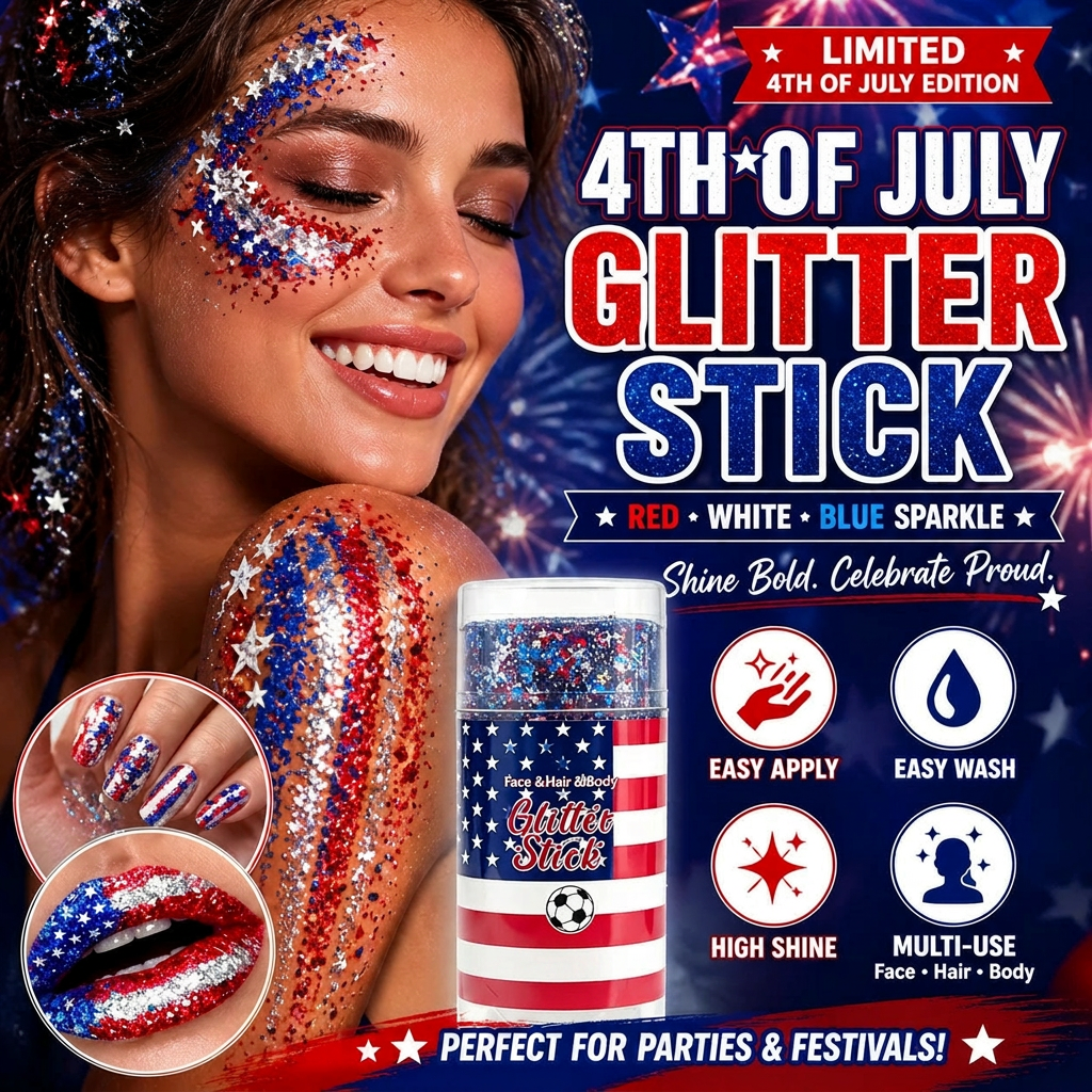 4th of July Glitter Stick 💖🔔3-in-1 Patriotic Glow😍✨Red, White & Blue Glitter Body Stick-HS