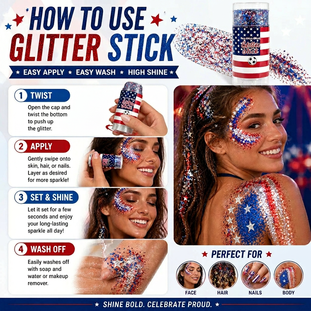 4th of July Glitter Stick 💖🔔3-in-1 Patriotic Glow😍✨Red, White & Blue Glitter Body Stick-HS