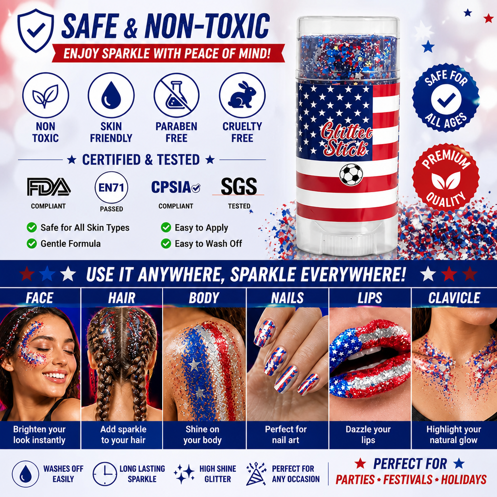 4th of July Glitter Stick 💖🔔3-in-1 Patriotic Glow😍✨Red, White & Blue Glitter Body Stick-HS