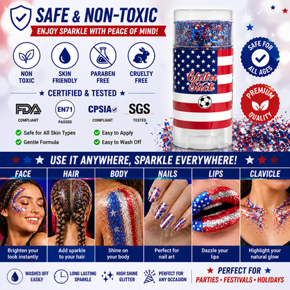 4th of July Glitter Stick 💖🔔3-in-1 Patriotic Glow😍✨Red, White & Blue Glitter Body Stick-HS